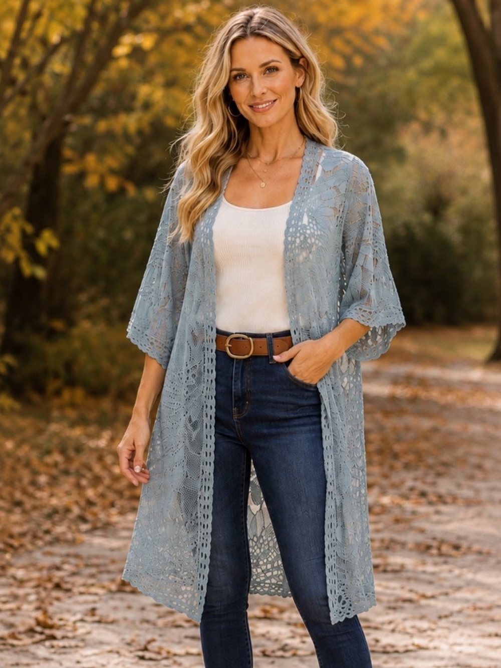 Rebellion Lace Open-Front Kimono Light Blue Boho Cover Up Open Caridgan